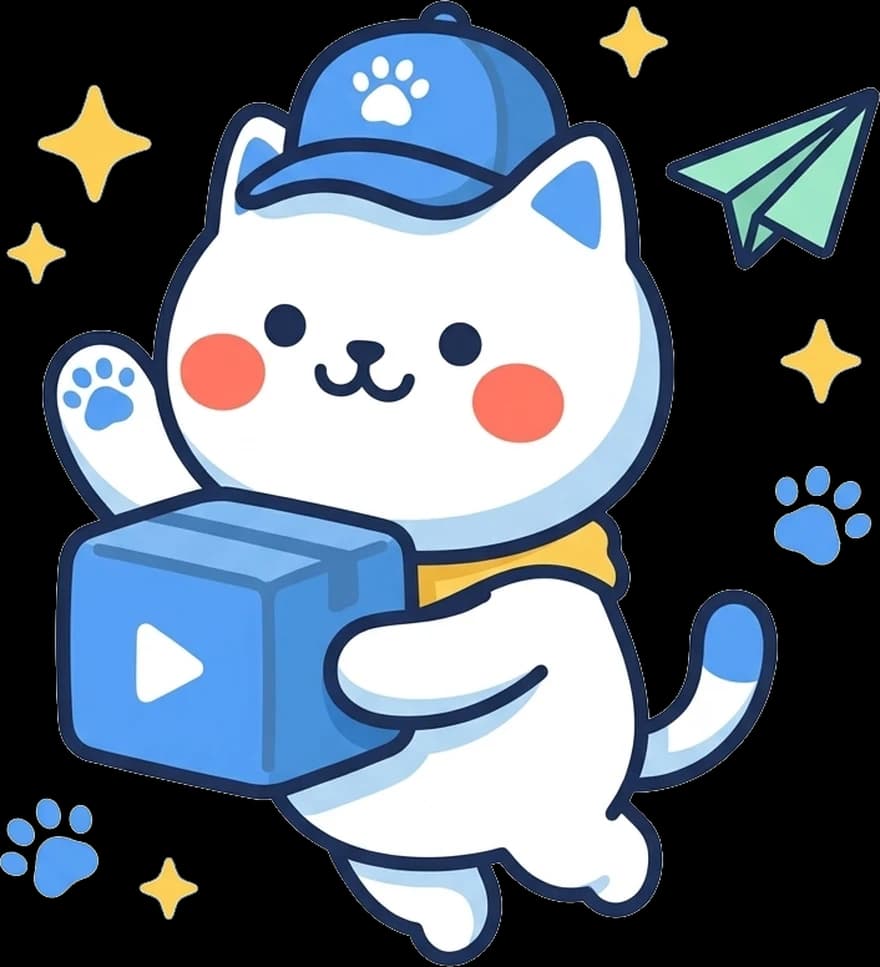 動画の小包を抱えてジャンプする配達ねこのクリポ