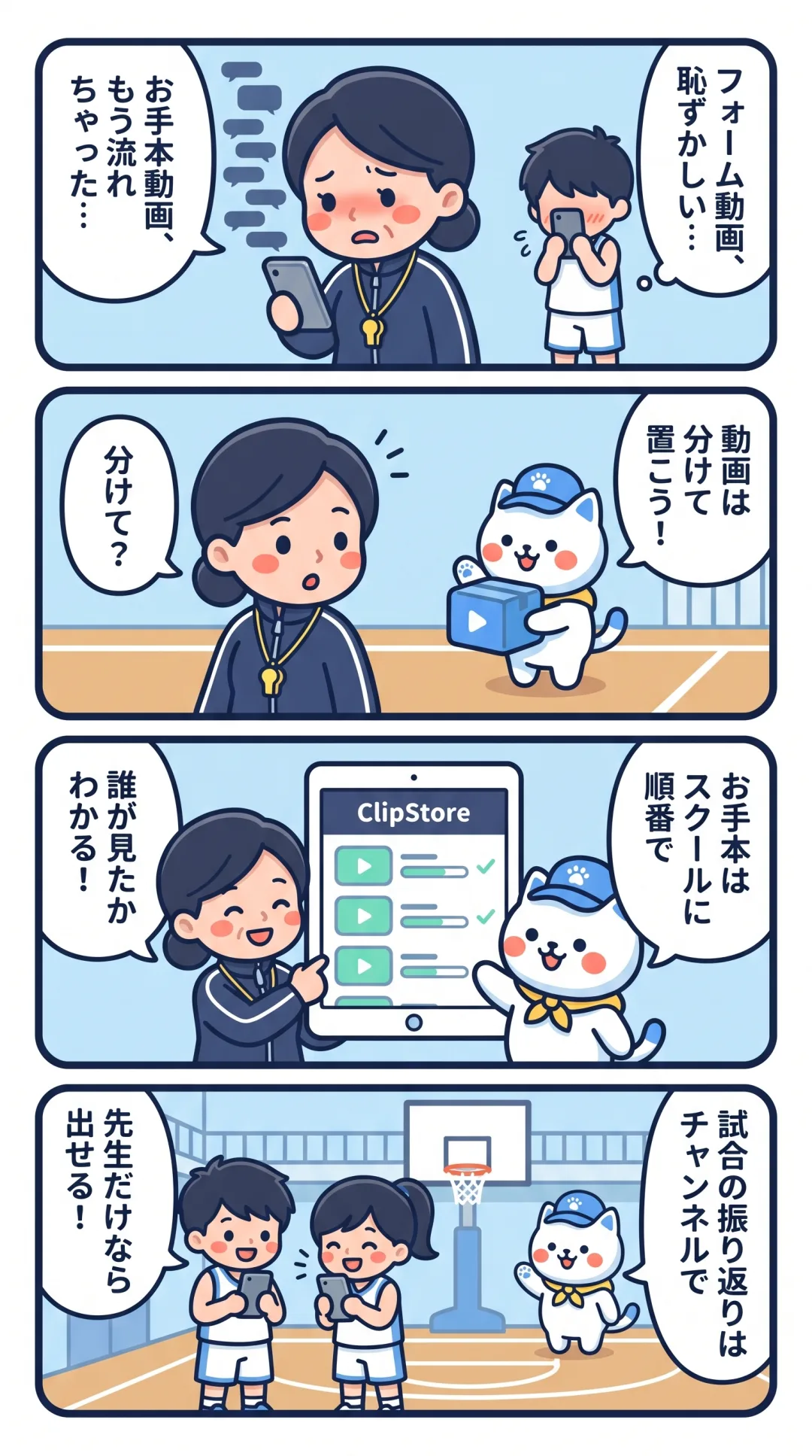 クリポの4コマ漫画：お手本動画がグループで流れてしまう顧問と、フォーム動画を出すのが恥ずかしい部員。スクールとアップロードボックスに分けて置いて解決