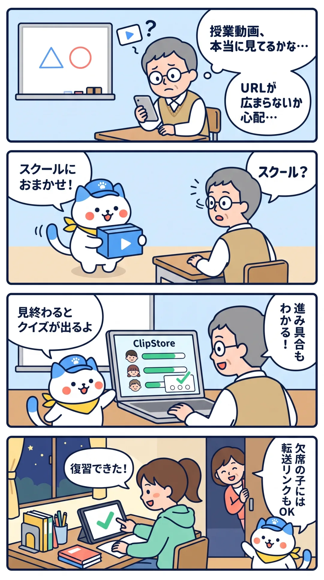 クリポの4コマ漫画：授業動画を本当に見ているか心配な塾の先生が、スクールで進み具合と確認クイズを使って解決。生徒は家で復習できた
