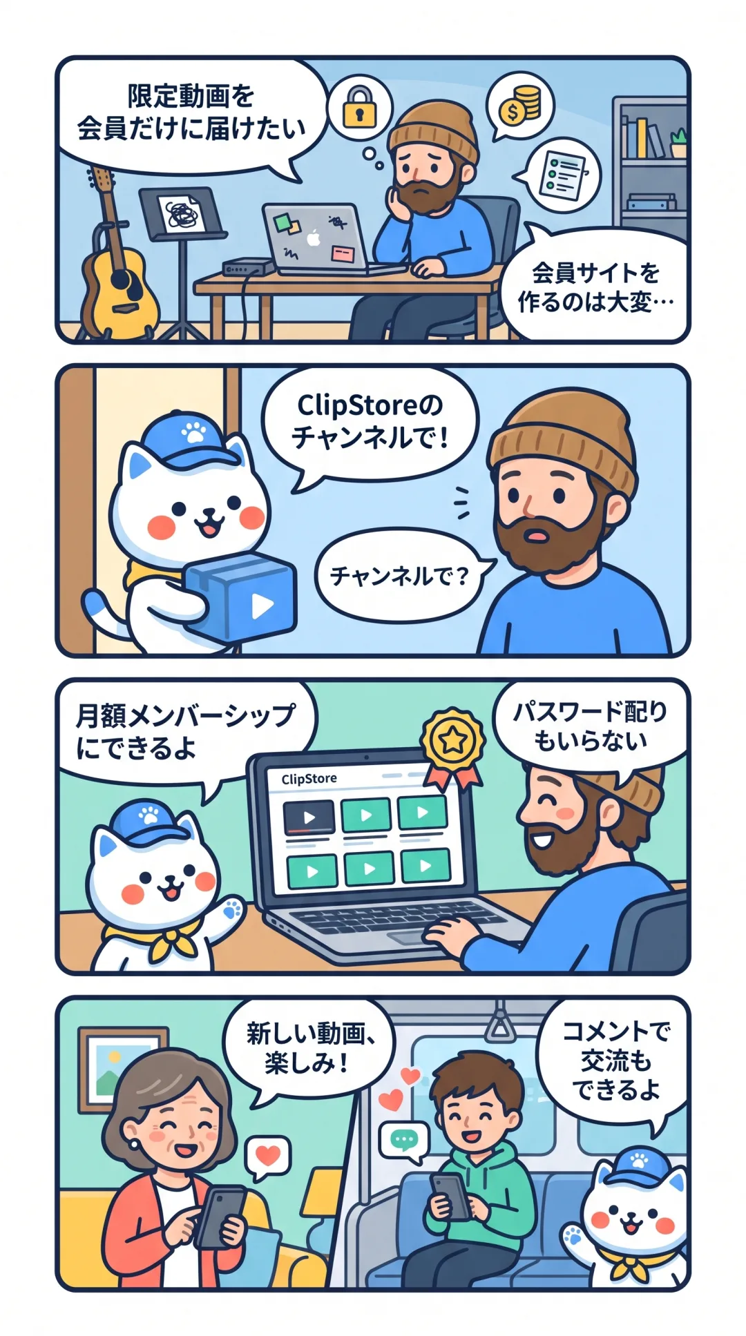 クリポの4コマ漫画：限定動画を会員だけに届けたいミュージシャンが、ClipStoreのチャンネルを月額メンバーシップにしてファンに届ける