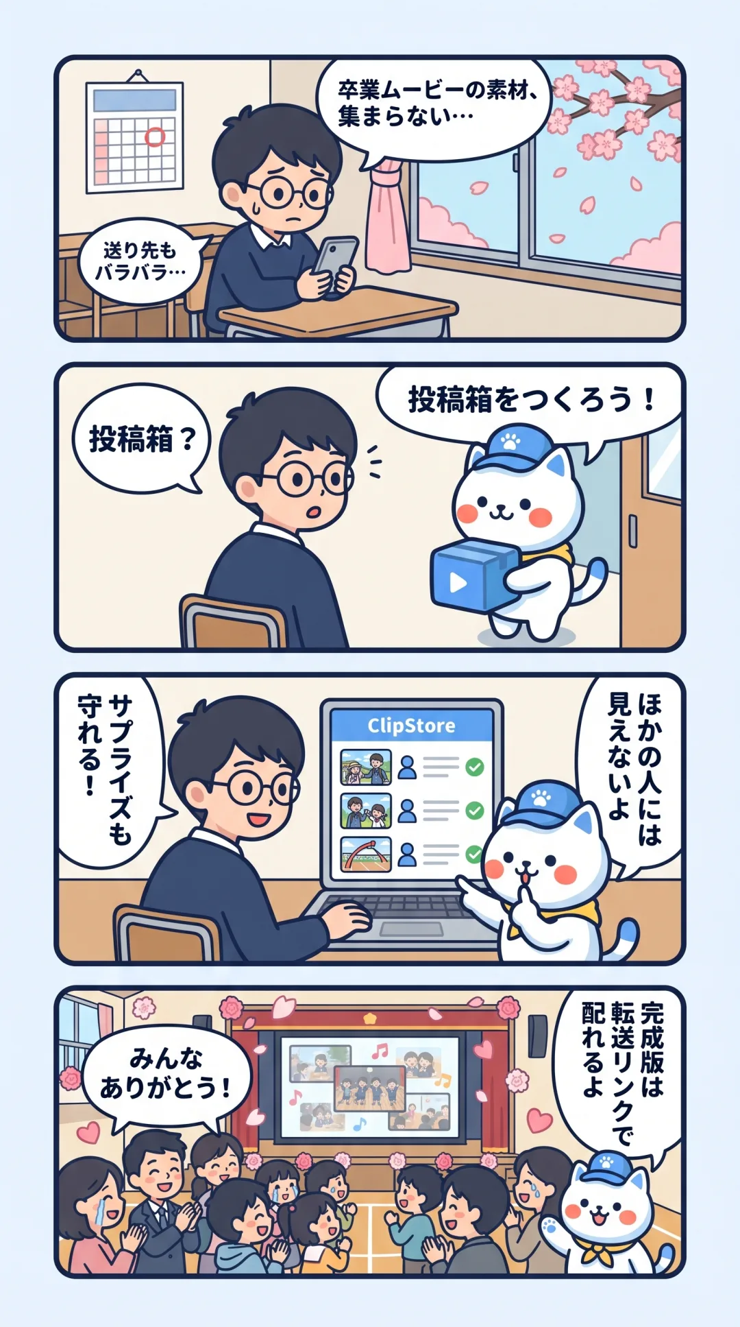 クリポの4コマ漫画：卒業ムービーの素材が集まらない担任の先生が、ほかの人には見えない投稿箱でサプライズを守りながら素材を集め、完成版は転送リンクで配る