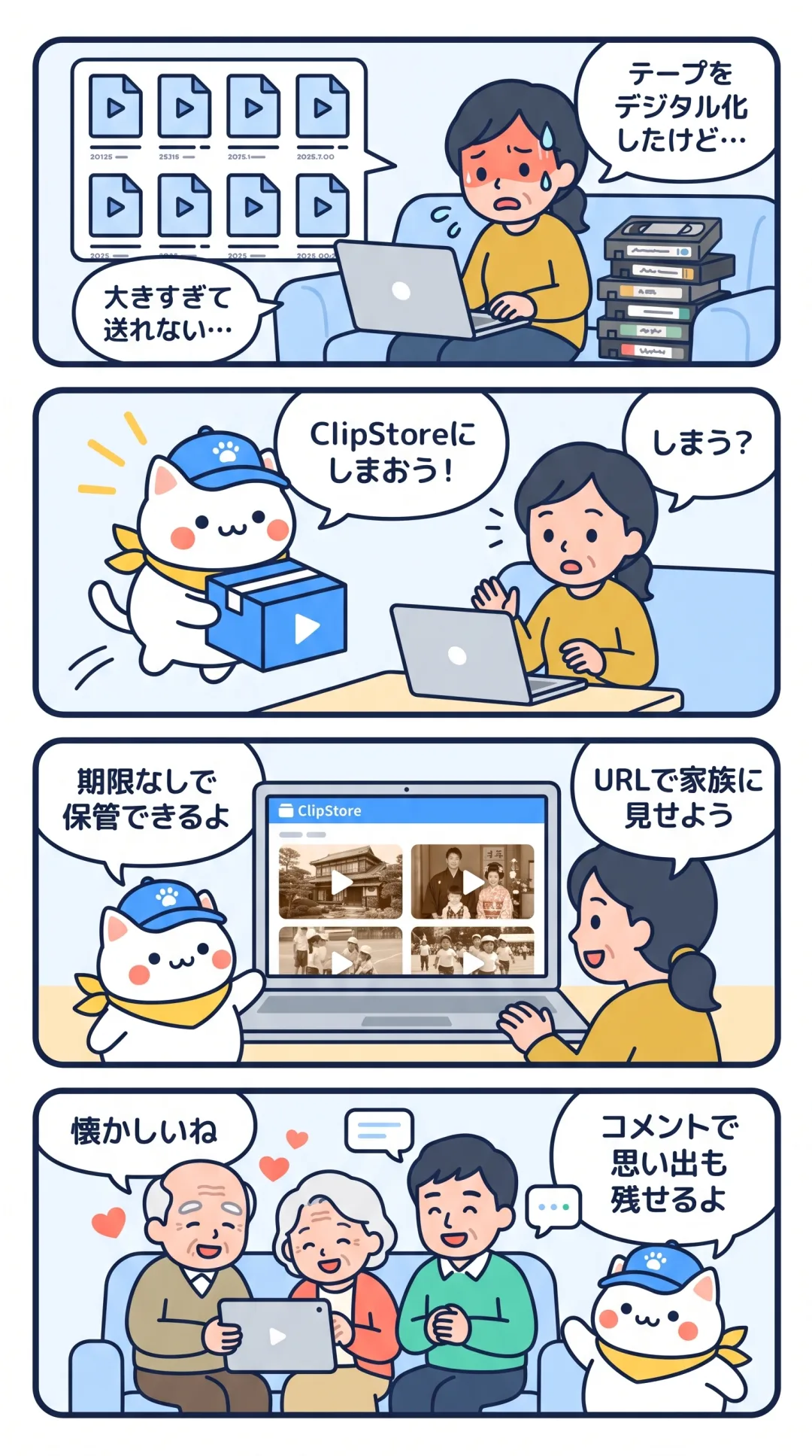 クリポの4コマ漫画:デジタル化したホームビデオをライブラリにしまい、離れて暮らす家族に URL で見せる
