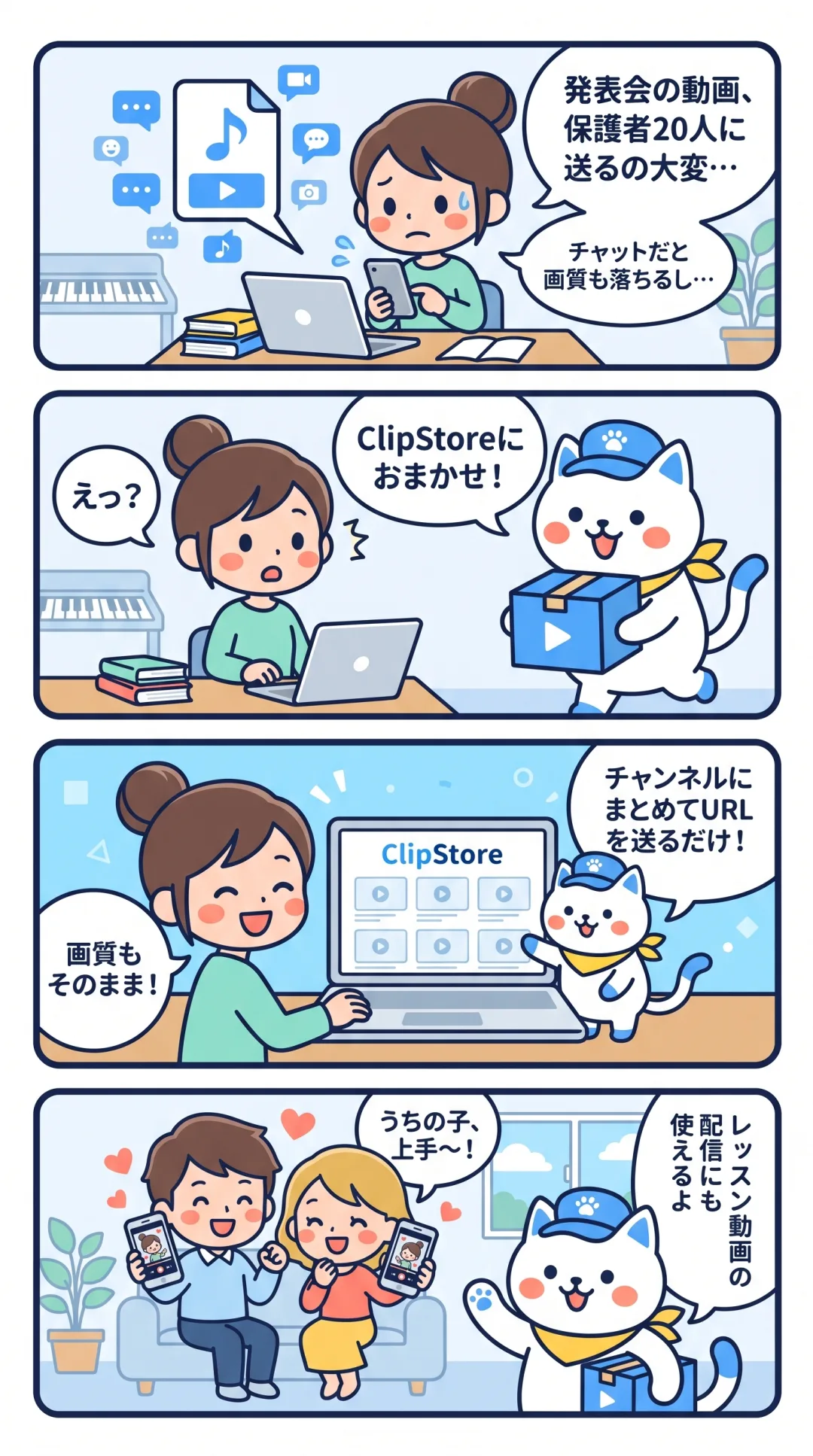 クリポの4コマ漫画：発表会の動画を保護者20人に送るのに困っていたピアノの先生が、チャンネルにまとめてURLを送るだけで解決