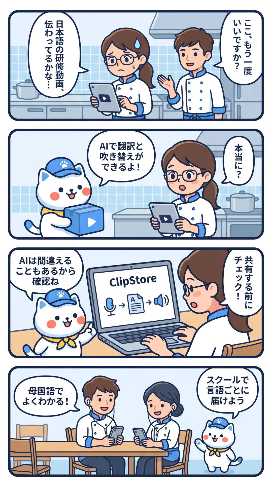 クリポの4コマ漫画：飲食店の教育担当者が、AIで研修動画を吹き替えし、内容を確認してからスタッフに届ける
