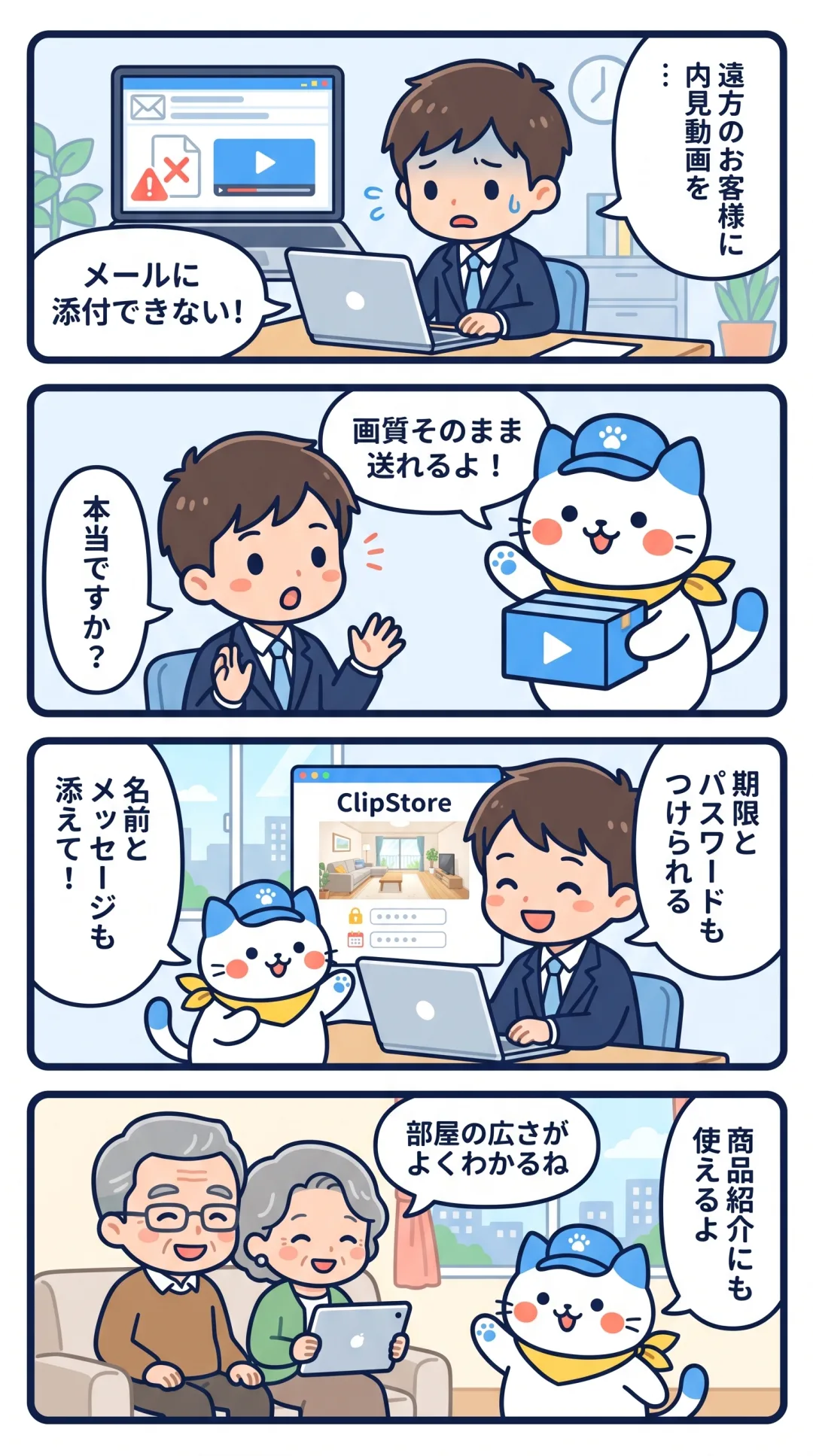 クリポの4コマ漫画：不動産の営業担当が、期限とパスワード付きの転送リンクで、遠方のお客様に内見動画を届ける