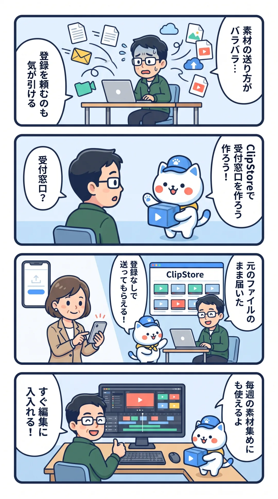 クリポの4コマ漫画：素材の送り方がバラバラで困る制作ディレクターが、ClipStoreのアップロードボックスで登録不要の受付窓口を作る