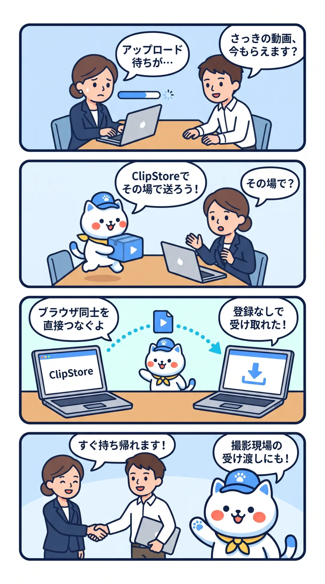 クリポの4コマ漫画：打ち合わせで動画を求められたディレクターが、ClipStoreの「その場で送る」でブラウザ同士を直接つないで渡す
