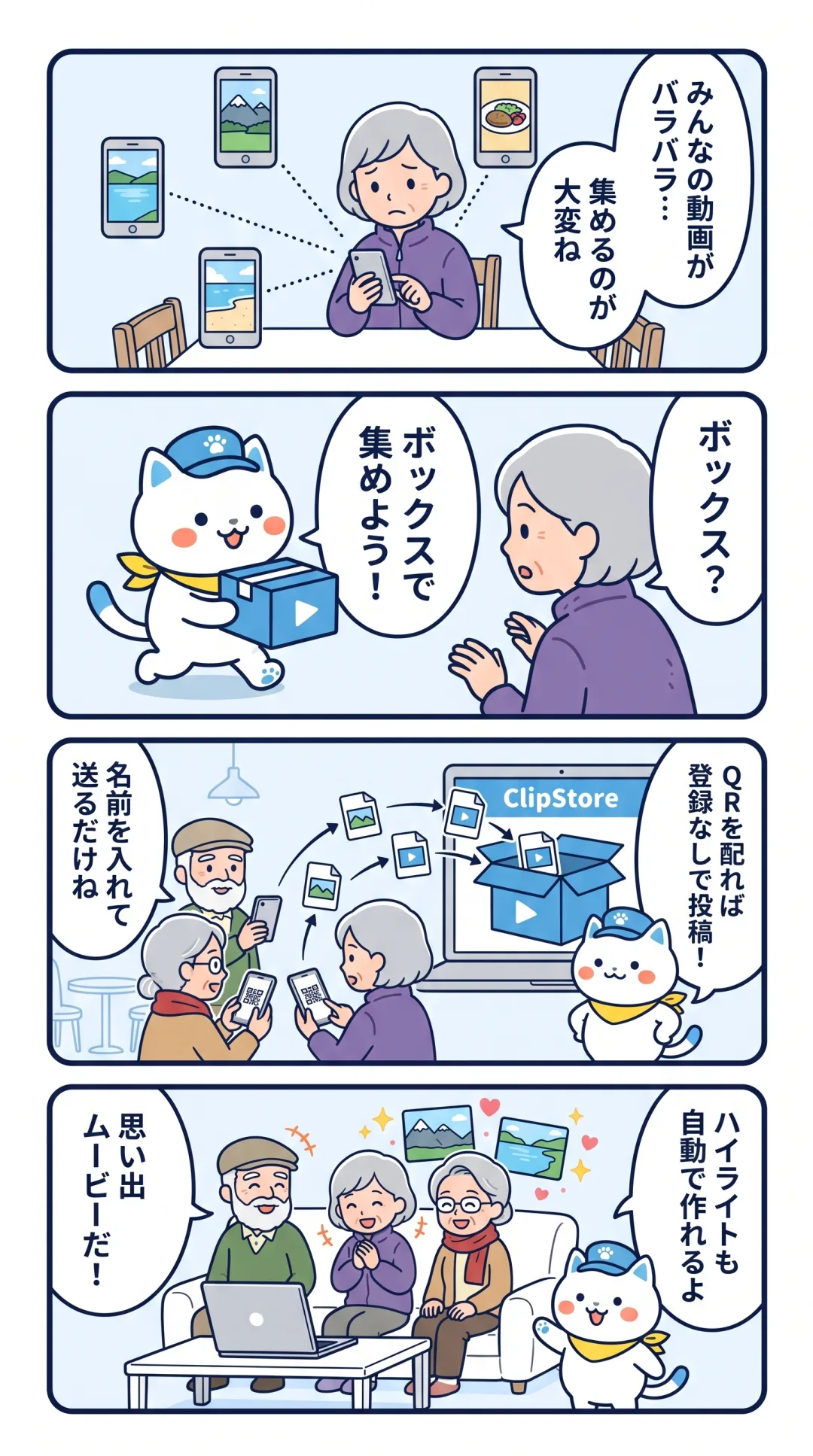 クリポの4コマ漫画：旅行仲間の動画を、QRコードを配るだけでアップロードボックスに集めて思い出ムービーにする