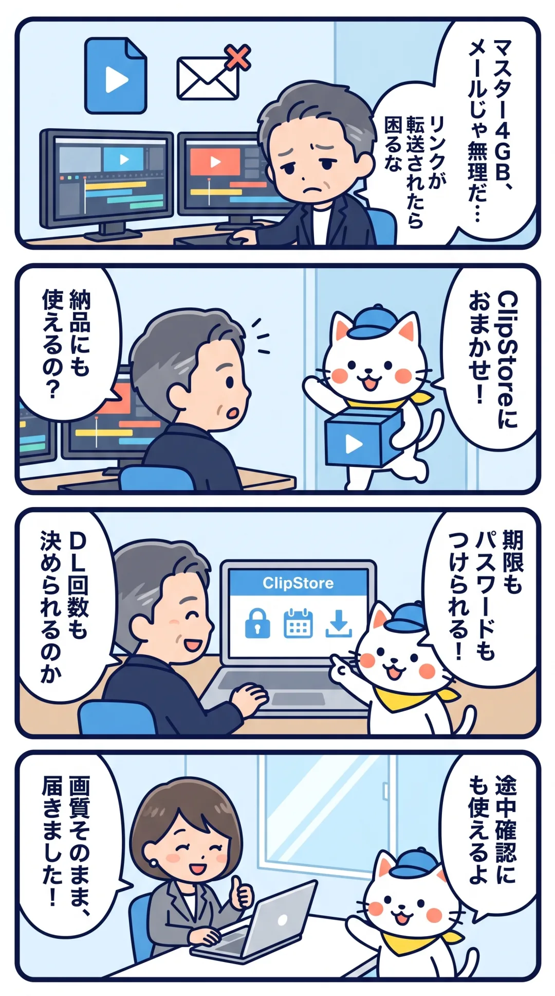 クリポの4コマ漫画：大きなマスターの納品に困る映像プロデューサーが、ClipStoreの転送リンクで期限・パスワード・DL回数を決めて納品する