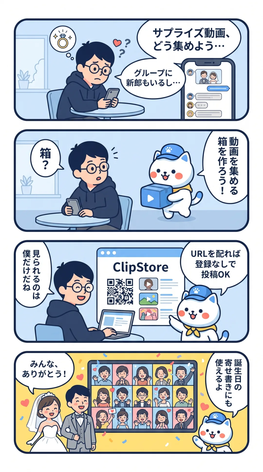 クリポの4コマ漫画：新郎新婦に内緒で、友だちのメッセージ動画をアップロードボックスで集める