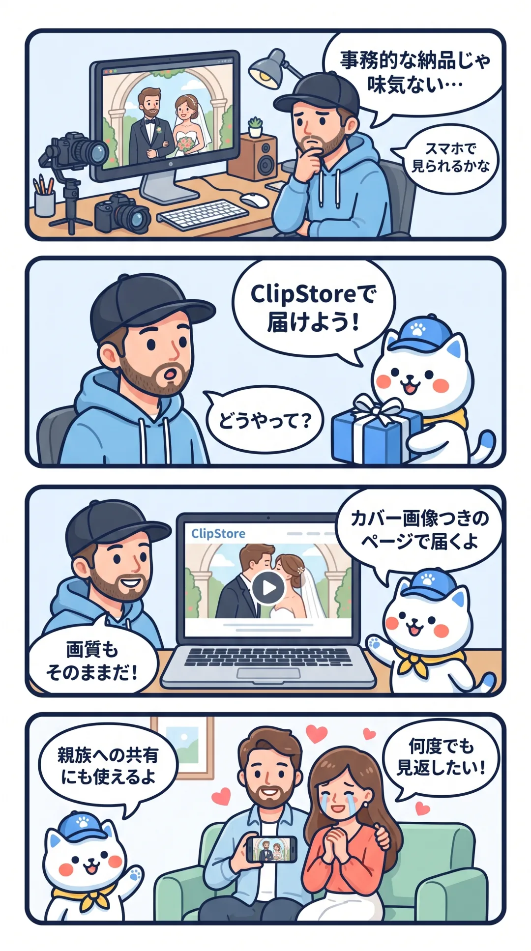 クリポの4コマ漫画：事務的な納品に悩むウェディングビデオグラファーが、ClipStoreのカバー画像つき受け取りページで新郎新婦に映像を届ける